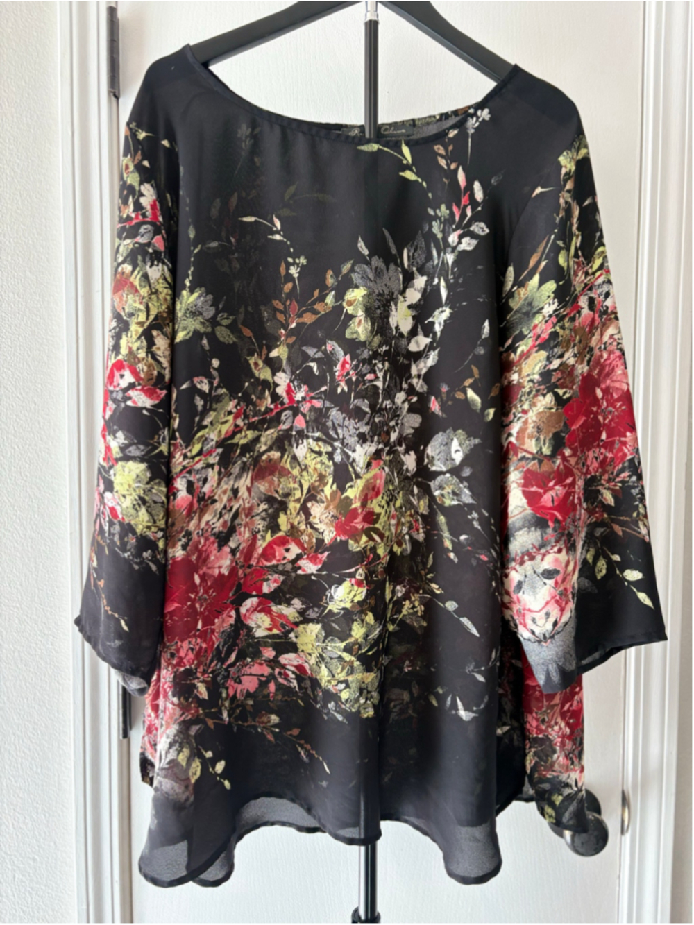 Rose + Olive 3X Floral Tunic Blouse Black Sheer 3/4 Sleeve Boho Plus Size